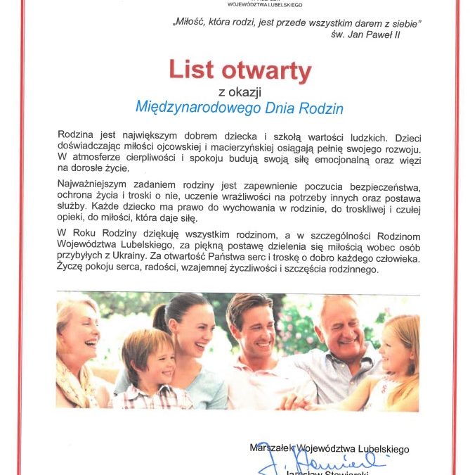 List otwarty z okazji Międzynarodowego Dnia Rodzin