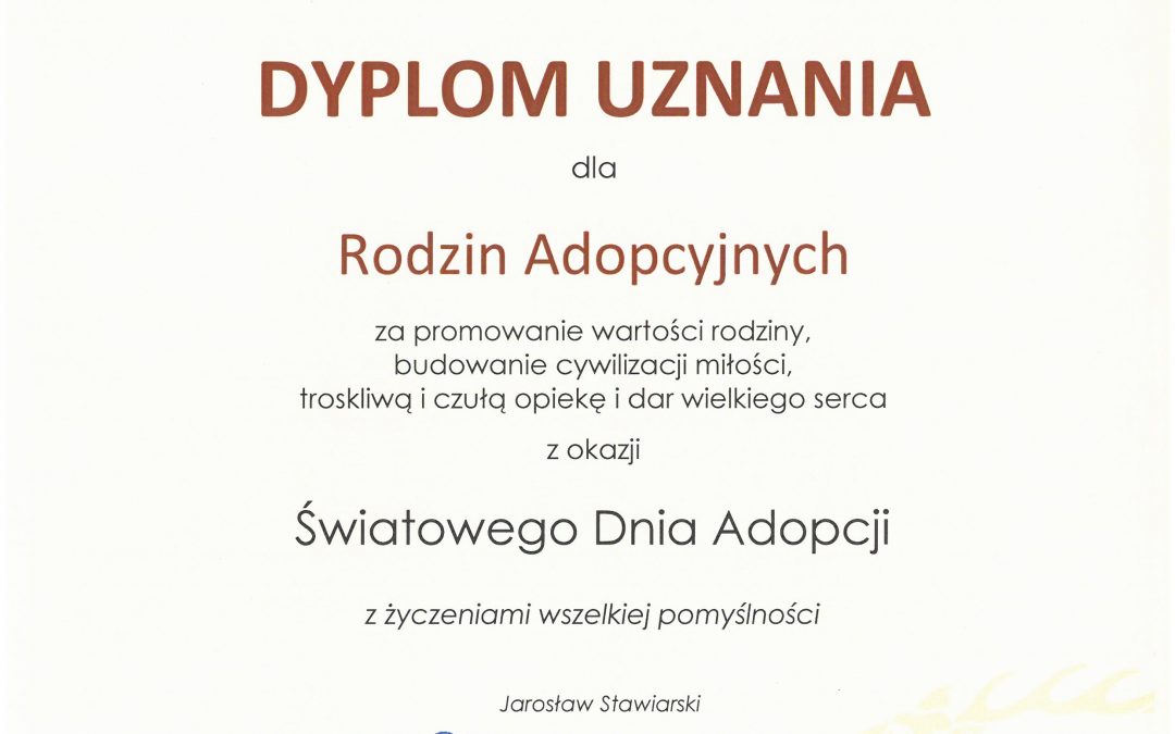 Dyplom Uznania z okazji Światowego Dnia Adopcji