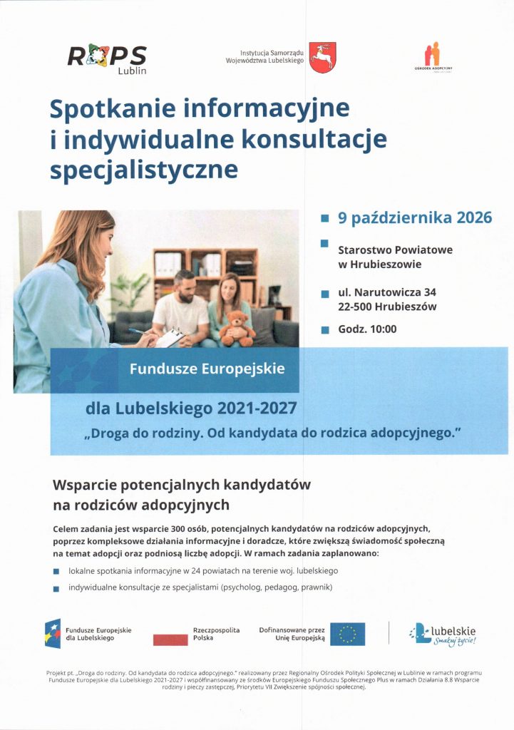 Plakat zapraszający na Spotkanie informacyjne i indywidualne konsultacje specjalistyczne, które odbędzie się 09.10.2026 r. w Starostwie Powiatowym w Hrubieszowie o godz. 10. Po lewej stronie na plakacie znajduje się obrazek rodziny i terapeuty w trakcie spotkania.